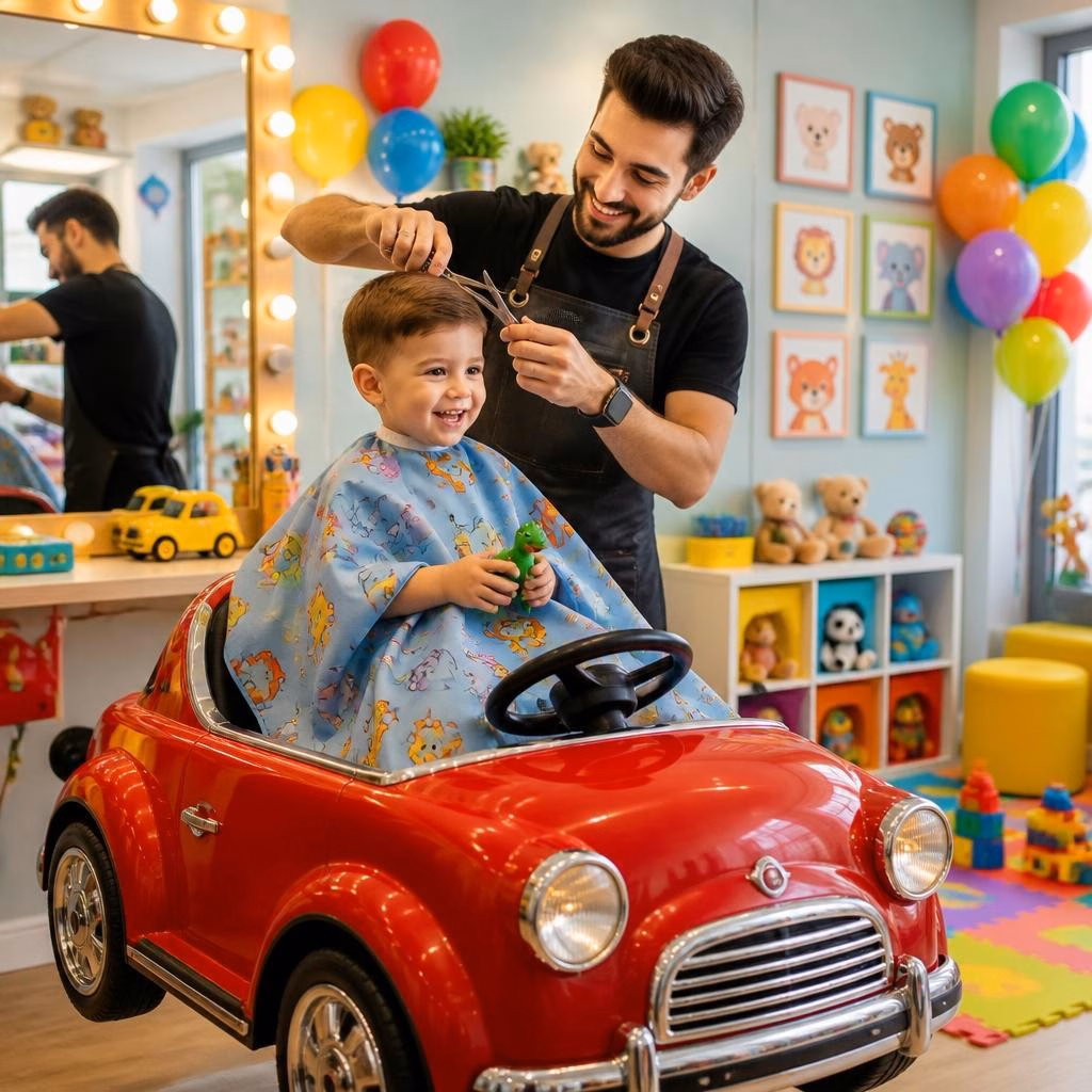 De ce copiii iubesc frizeriile special amenajate pentru ei: joacă, mașinuțe și mici surprize