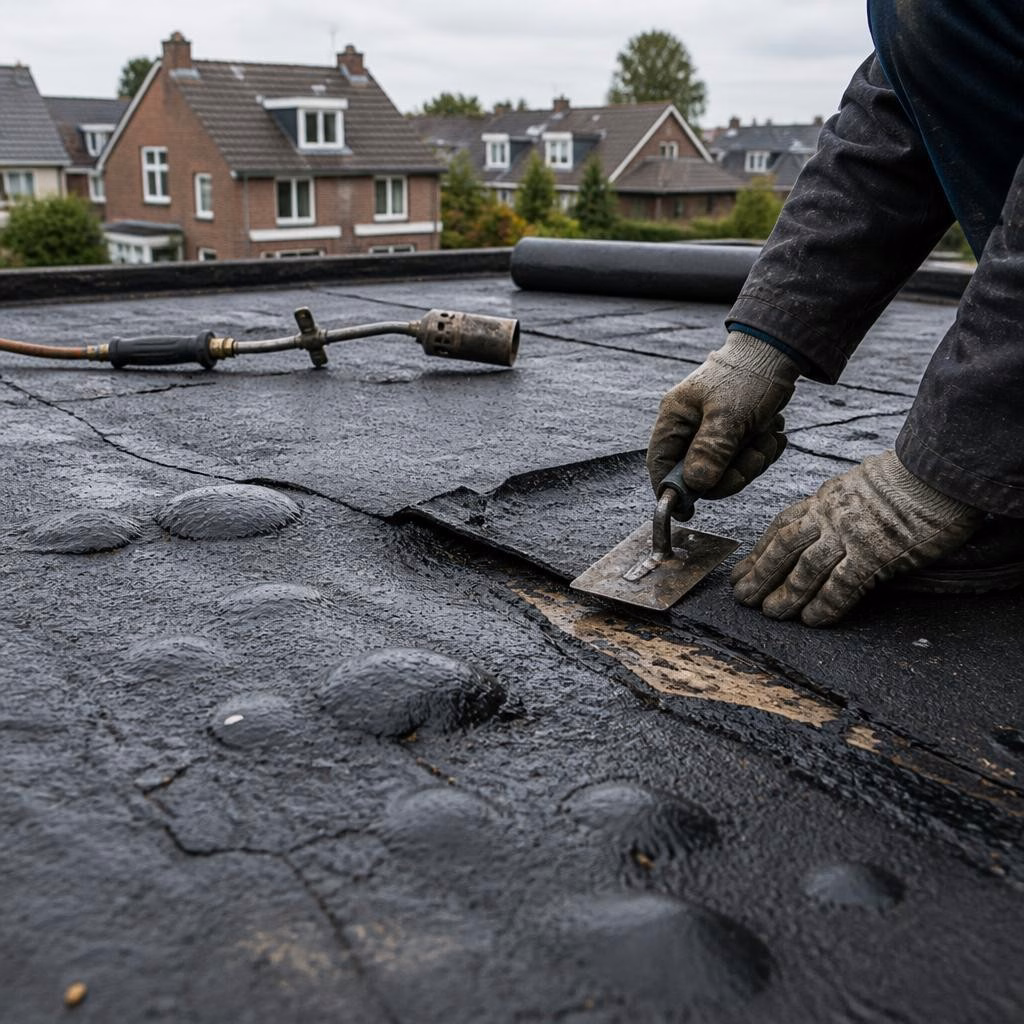 Bitumen dakleer met blaasvorming of scheuren: herstellen of vervangen — praktisch advies voor Veldhoven en Eindhoven
