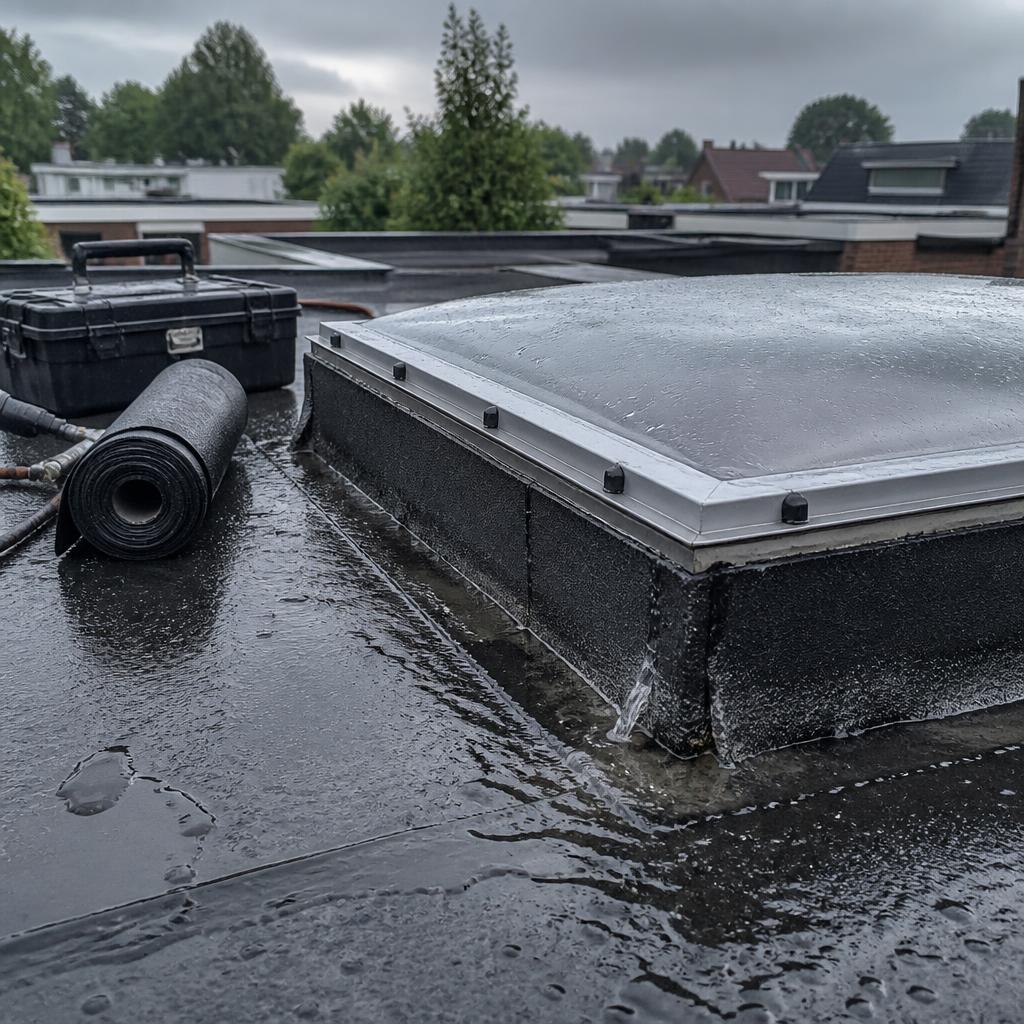 Lekkage rond een lichtkoepel of dakraam op een plat dak: herkennen, tijdelijk veiligstellen en wanneer een vakman uit Veldhoven inschakelen