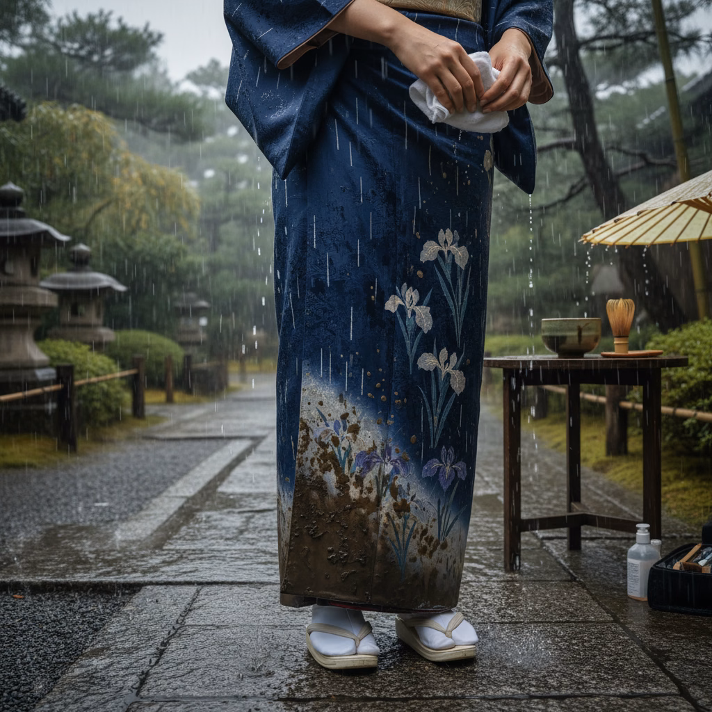 雨の日の京都観光やお茶会で着物が濡れたら？正しい対処法と専門家への道